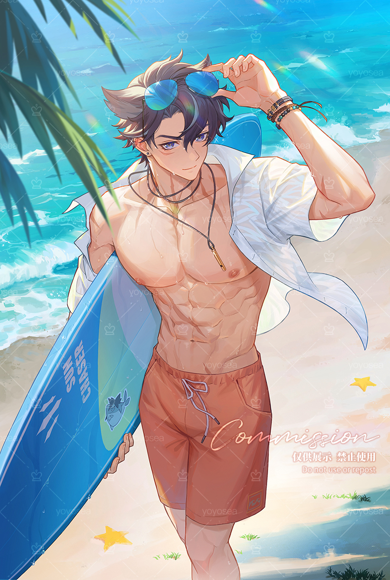 yoyosea1, wriothesley (genshin impact), genshin impact, 1boy, abs, beach, black hair, blue-framed eyewear, ear piercing, earrings, eyewear on head, glasses, grey hair, hair between eyes, holding, holding surfboard, jewelry, male focus, male swimwear, multicolored hair, muscular, muscular male, navel, nipples, ocean, open clothes, open shirt, orange male swimwear, piercing, scar, scar on chest, scar on neck, scar on stomach, shirt, short hair, solo, stomach, streaked hair, surfboard, white shirt