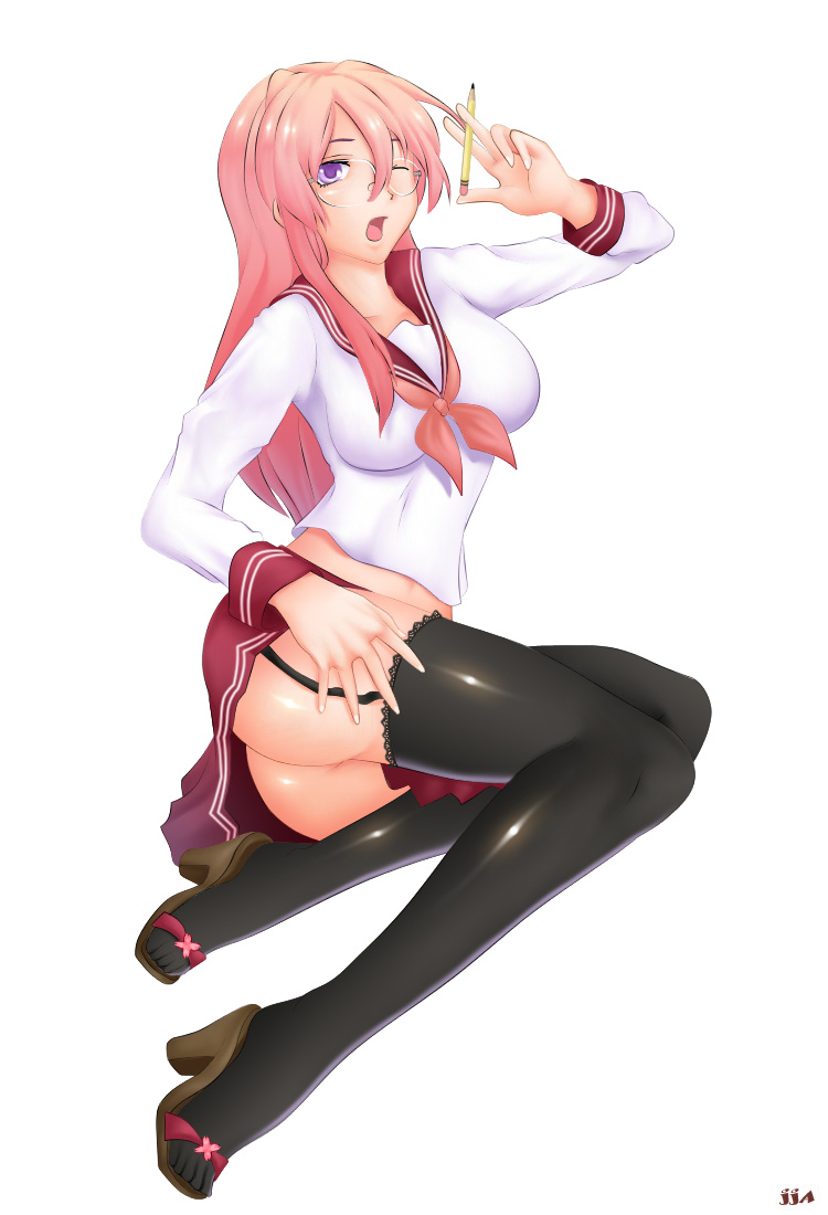 khalitzburg, takara miyuki, lucky star, aged up, ass, glasses, high heels, legs, pencil, pink hair, sandals, school uniform, serafuku, shoes, thighhighs, wooden pencil