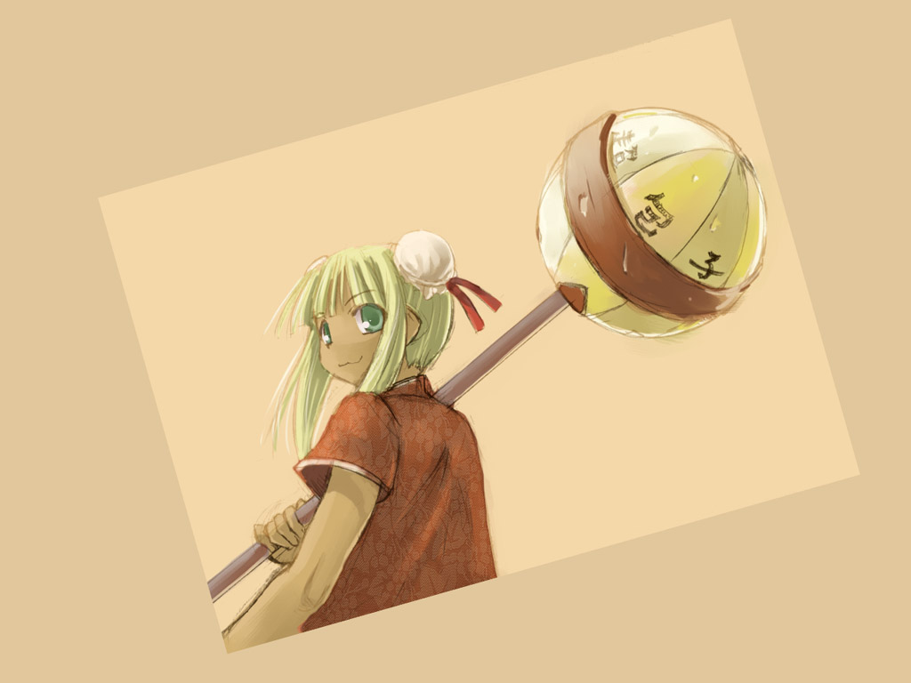 kasuga yukihito, kufei, mahou sensei negima!, 00s, 1girl, :3, blonde hair, bun cover, dark-skinned female, dark skin, double bun, female focus, from behind, green eyes, hair bun, looking back, smile, solo