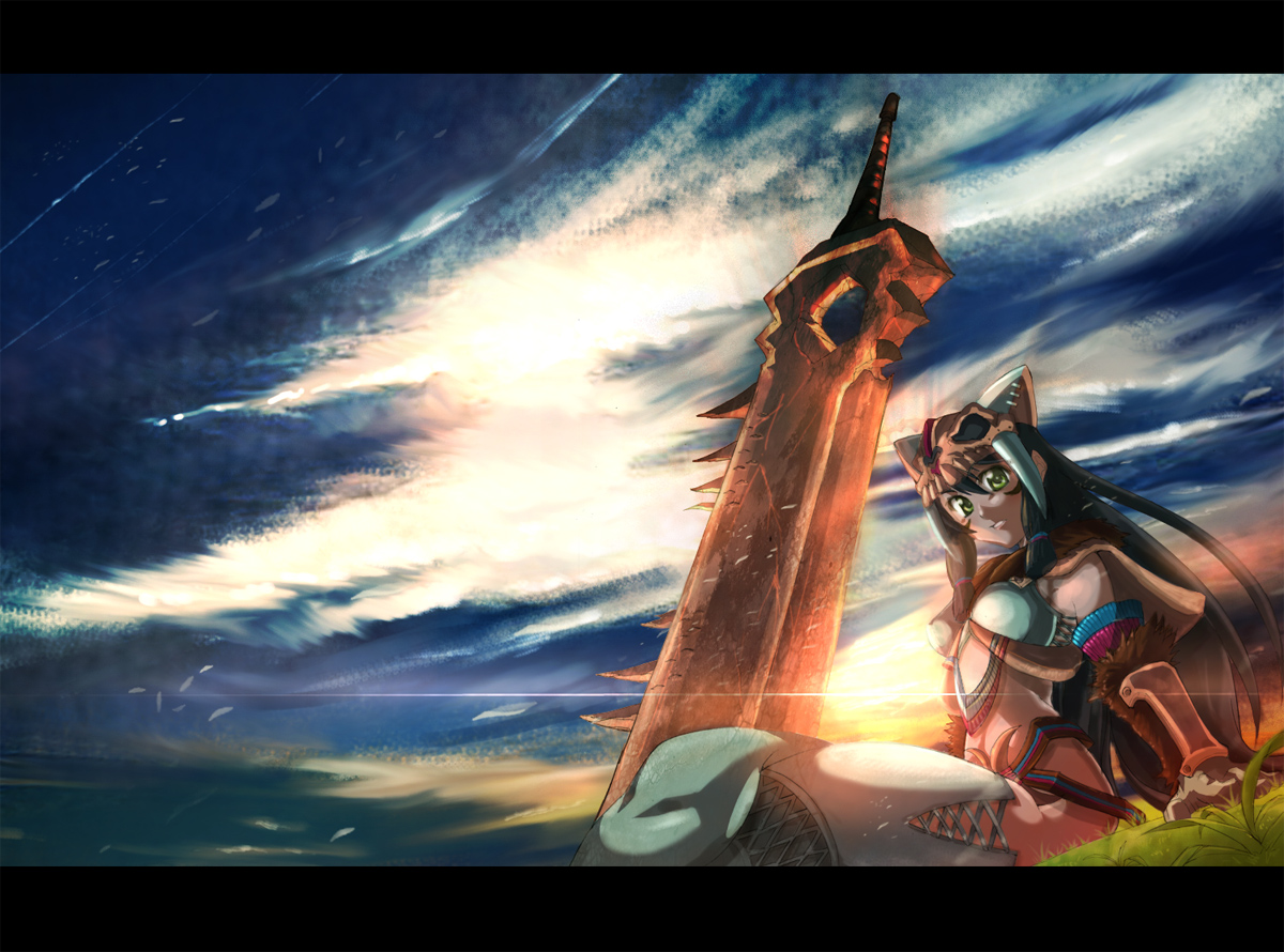 keiji asakawa, capcom, monster hunter (series), animal ears, brown hair, cloud, green eyes, letterboxed, sky, solo, sword, weapon