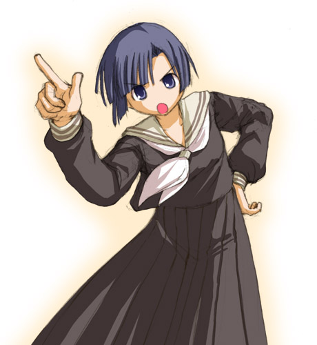 kasuga yukihito, kugimiya madoka, mahou sensei negima!, lowres, 00s, 1girl, angry, black serafuku, black skirt, blue eyes, blue hair, blush, contrapposto, female focus, index finger raised, long hair, long skirt, long sleeves, looking at viewer, matching hair/eyes, open mouth, pleated skirt, pointing, pointing up, sailor collar, school uniform, serafuku, short hair, skirt, solo, standing