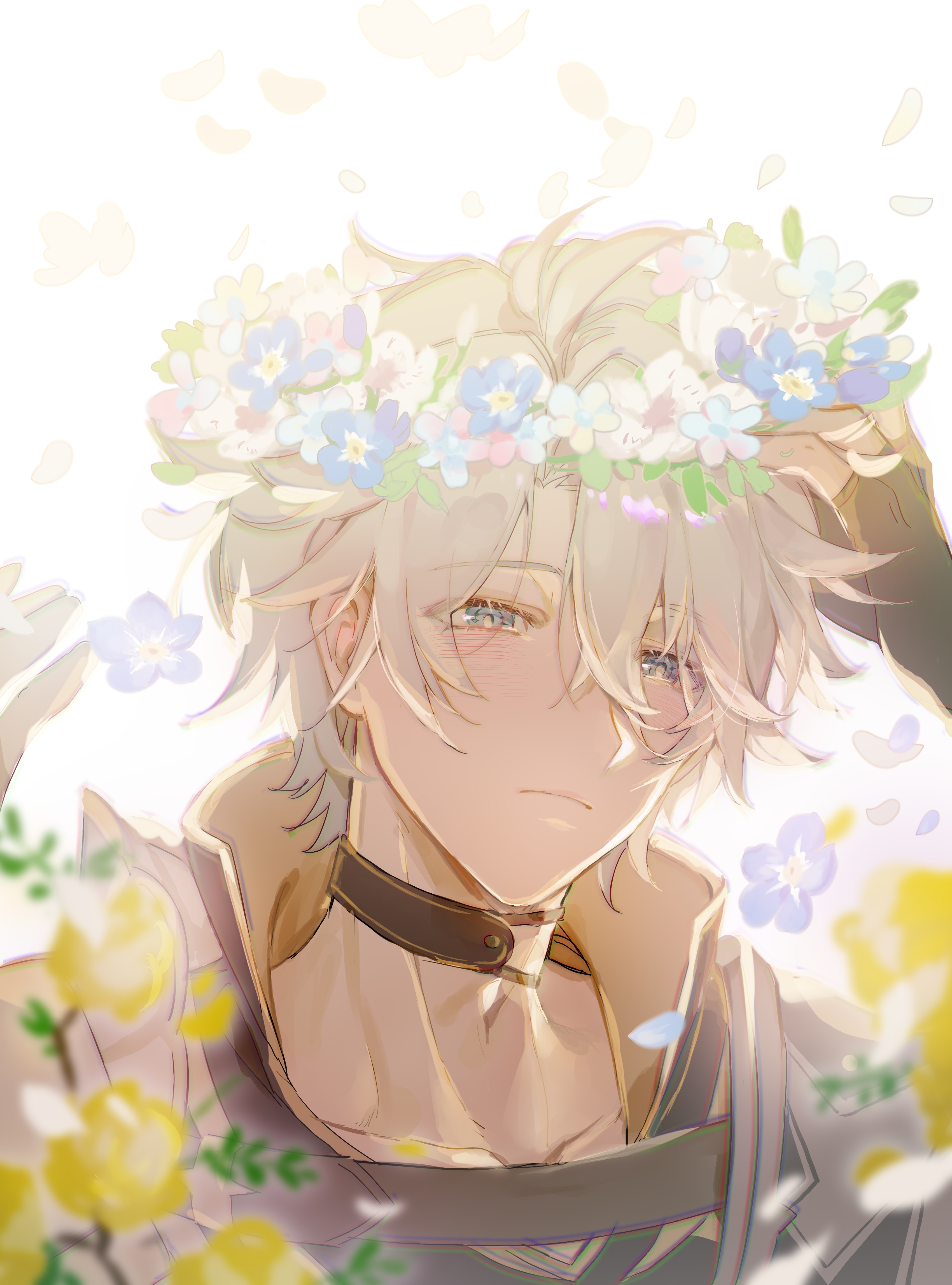 phainon (honkai: star rail), honkai: star rail, honkai (series), absurdres, chinese commentary, commentary request, highres, 1boy, antenna hair, armor, black choker, black gloves, black shirt, blue eyes, choker, falling petals, fingerless gloves, flower wreath, gloves, male focus, parted bangs, pauldrons, petals, shirt, short hair, shoulder armor, single pauldron, solo, white hair, wudao856