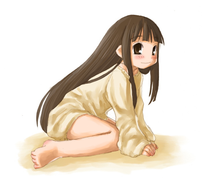 kasuga yukihito, konoe konoka, mahou sensei negima!, 00s, 1girl, all fours, barefoot, brown eyes, brown hair, female focus, long hair, sitting, solo, sweater, wariza