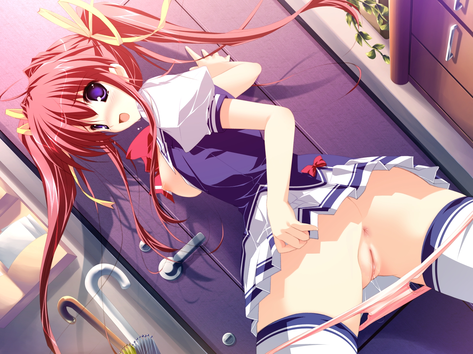 asakura nanao, lyrical lyric, game cg, highres, 1girl, anus, blush, bow, breasts, breasts out, female focus, large breasts, leaning forward, legs apart, nipples, open clothes, open shirt, panties, panty pull, pink panties, pov, purple eyes, pussy, pussy juice, pussy juice trail, red hair, ribbon, school uniform, serafuku, shirt, skirt, skirt hold, solo, tears, thighhighs, twintails, umbrella, uncensored, underwear, upskirt