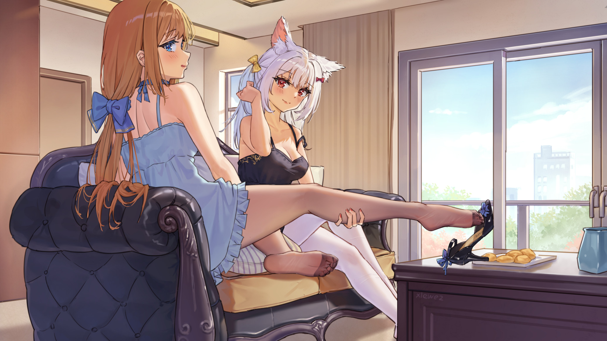 xlewez, highres, 2girls, animal ears, blue eyes, blush, brown hair, couch, feet, long hair, looking at viewer, multiple girls, pantyhose, parted lips, red eyes, shoe dangle, smile, soles, toes, white hair, white pantyhose