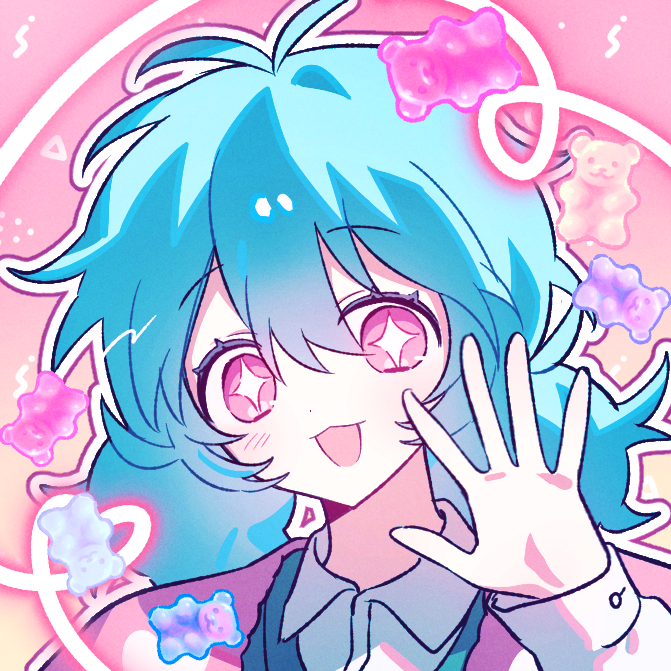 lat1e, zombie high school, 1girl, :3, :d, antenna hair, blue hair, blush, collared shirt, food, hair between eyes, hand up, long sleeves, looking at viewer, low twintails, medium hair, mj (zombie high school), open mouth, outline, pink background, pink eyes, portrait, shirt, short twintails, smile, solo, star (symbol), twintails, vest, white outline, white shirt
