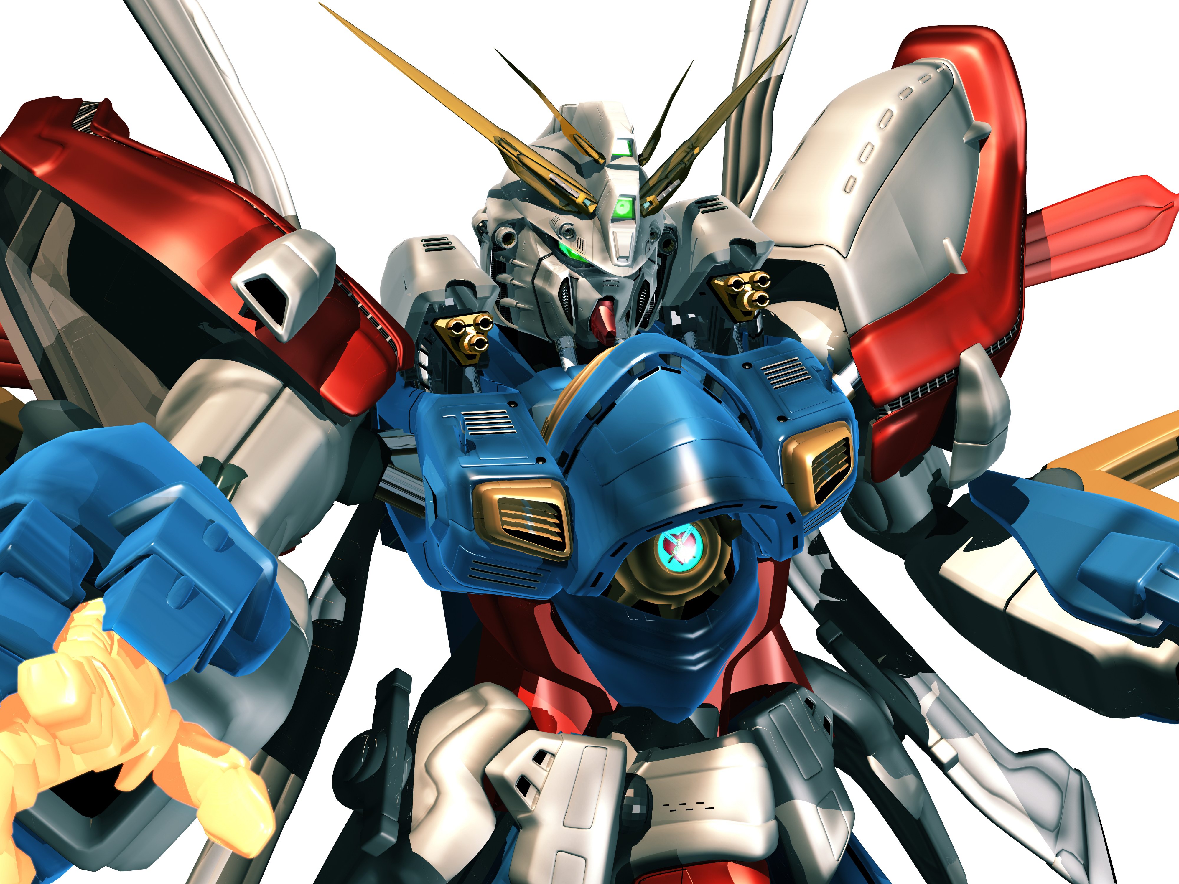 god gundam, g gundam, gundam, absurdres, highres, 1990s (style), bakunetsu god finger, gatling gun, glowing, glowing hand, gun, mecha, no humans, retro artstyle, robot, solo, super robot, weapon