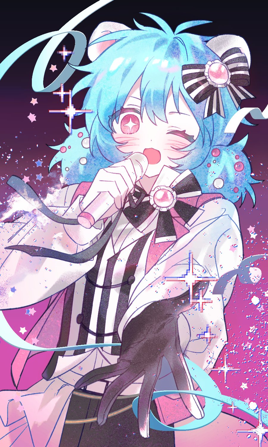 lat1e, zombie high school, highres, 1girl, animal ears, black bow, black gloves, blue hair, blush, bow, gloves, hair bow, holding, holding microphone, idol, idol clothes, long sleeves, looking at viewer, microphone, mj (zombie high school), one eye closed, open mouth, pink eyes, pink vest, shirt, smile, solo, vest, white shirt
