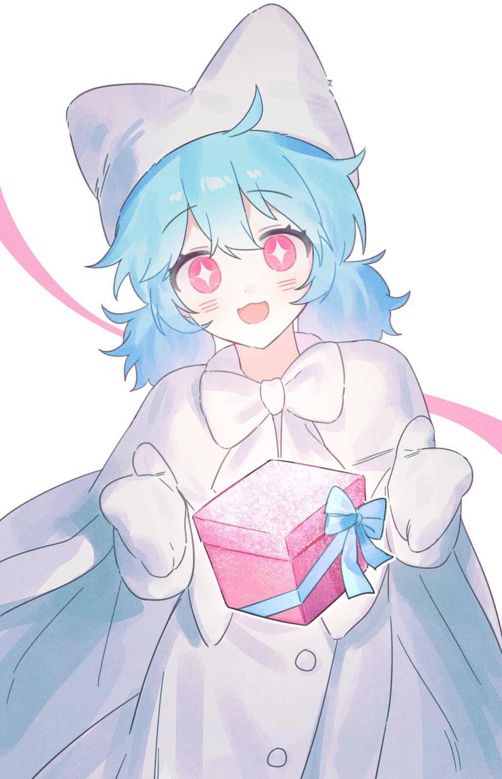 lat1e, zombie high school, highres, + +, 1girl, animal hat, blue hair, blush, bow, bowtie, box, cape, capelet, coat, dress, gift, hat, holding, looking at viewer, low twintails, mittens, mj (zombie high school), open mouth, pink eyes, short twintails, simple background, smile, solo, twintails, white background, white bow, white cape, white coat, white dress