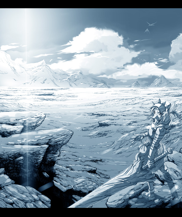 keiji asakawa, capcom, monster hunter (series), panorama, 1girl, bird, blue theme, cloud, day, female focus, landscape, letterboxed, mask, monochrome, mountain, scenery, sky, solo, sword, weapon, white theme