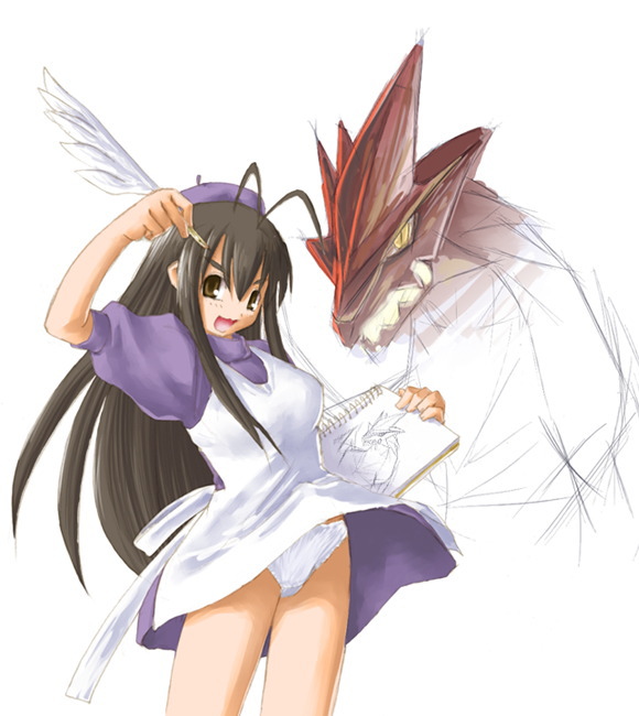 kasuga yukihito, saotome haruna, mahou sensei negima!, drawing, 00s, 1girl, antenna hair, apron, beret, female focus, glasses, hat, long hair, panties, pantyshot, quill, sketchbook, solo, underwear