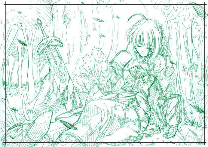 keiji asakawa, artoria pendragon (fate), saber (fate), fate/stay night, fate (series), 00s, 1girl, ahoge, armor, blood, female focus, forest, green theme, monochrome, nature, solo, sword, weapon