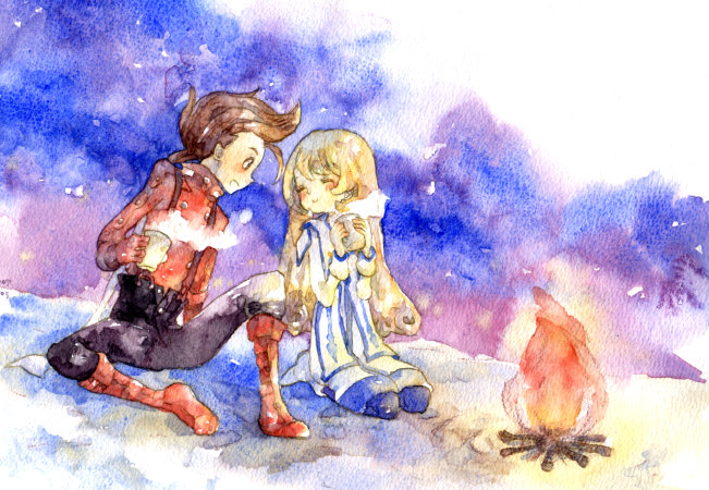 colette brunel, lloyd irving, tales of (series), tales of symphonia, 00s, 1boy, 1girl, blonde hair, blush, boots, brown hair, campfire, cold, cup, fire, knee boots, long hair, pantyhose, red shirt, shirt
