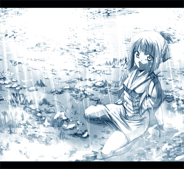 keiji asakawa, 1girl, blue theme, female focus, hair bun, hair ribbon, japanese clothes, monochrome, puddle, rain, ribbon, single hair bun, solo, white theme
