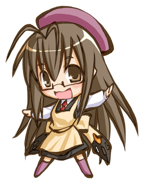 kasuga yukihito, saotome haruna, mahou sensei negima!, 00s, 1girl, antenna hair, apron, beret, chibi, female focus, glasses, hat, solo