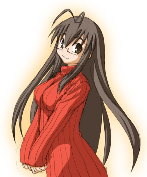 kasuga yukihito, saotome haruna, mahou sensei negima!, 00s, 1girl, :3, antenna hair, breasts, brown eyes, brown hair, female focus, glasses, large breasts, long sleeves, solo, sweater, turtleneck