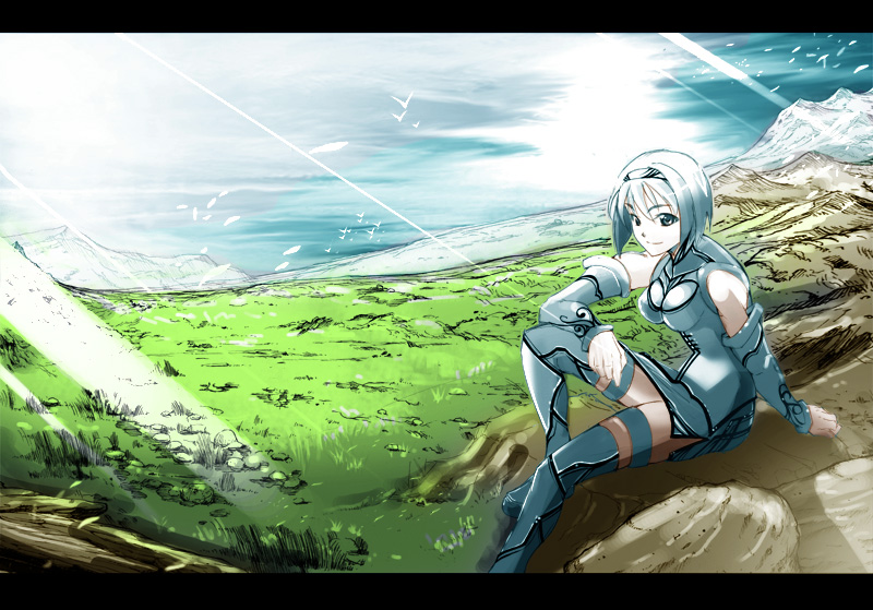 keiji asakawa, light, blue eyes, blue hair, cloud, day, landscape, letterboxed, nature, scenery, sitting, sky, smile, solo