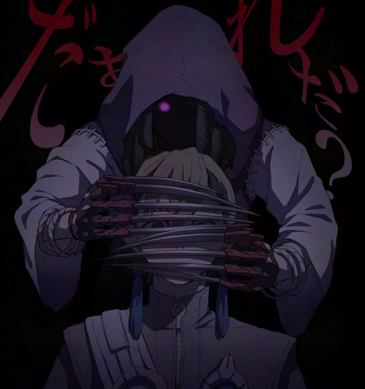 teo (teorekka), jabber wonger, zanka nijiku, gachiakuta, highres, 2boys, black background, blonde hair, claws, earrings, glowing, glowing eyes, grey jacket, hood, hood up, hooded jacket, jacket, jewelry, multiple boys, purple eyes, purple jacket, shaded face, simple background, tassel, tassel earrings