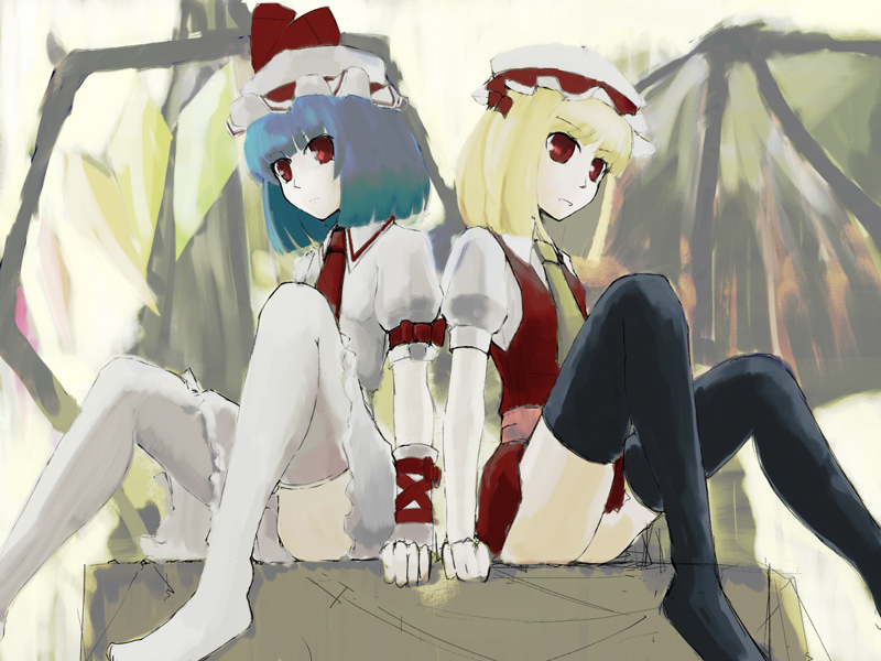 nakedgeneral, flandre scarlet, remilia scarlet, touhou, white legwear, bad id, bad pixiv id, 2girls, female focus, hat, mob cap, multiple girls, ribbon, siblings, sisters, thighhighs, vampire, wings