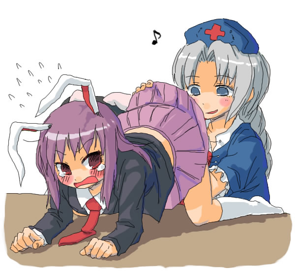 abekawa, inaba tewi, reisen udongein inaba, yagokoro eirin, touhou, 3girls, all fours, animal ears, bent over, female focus, hat, long hair, multiple girls, rabbit ears, yuri