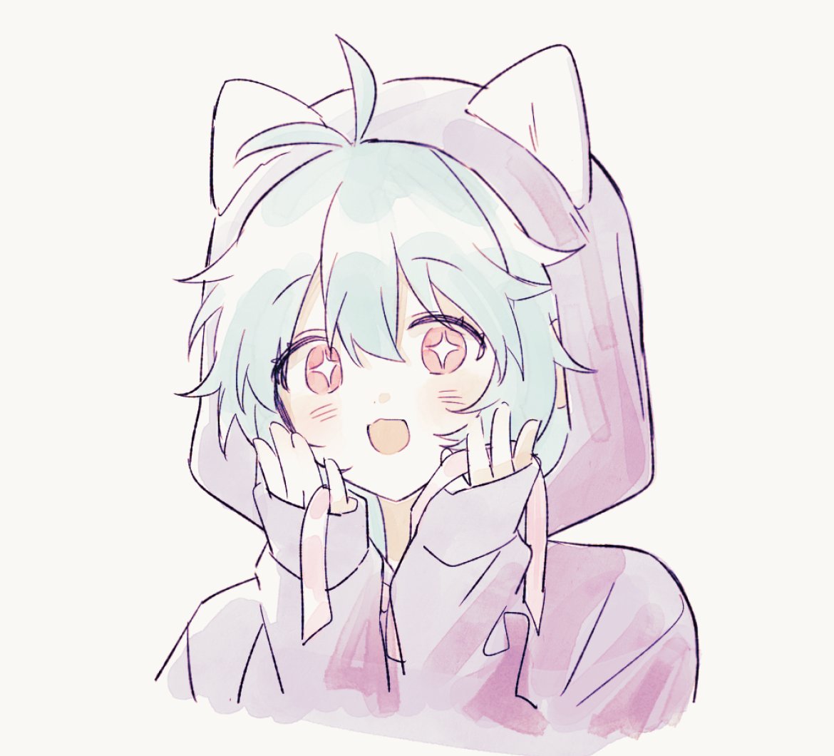 lat1e, zombie high school, 1girl, animal ears, animal hood, antennae, aqua hair, blue hair, blush, cat hood, hair between eyes, hood, hood up, hoodie, long sleeves, looking at viewer, mj (zombie high school), open mouth, red eyes, short hair, simple background, sleeves past wrists, smile, solo, upper body, white background