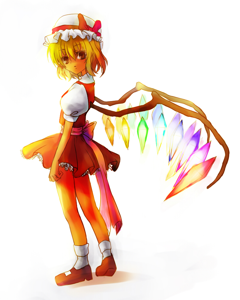 ikeda ruriko, shaku, flandre scarlet, touhou, bad id, bad pixiv id, 1girl, blouse, female focus, from side, hair between eyes, hat, mob cap, ribbon, shirt, socks, solo, white hat, white shirt, white socks, wings