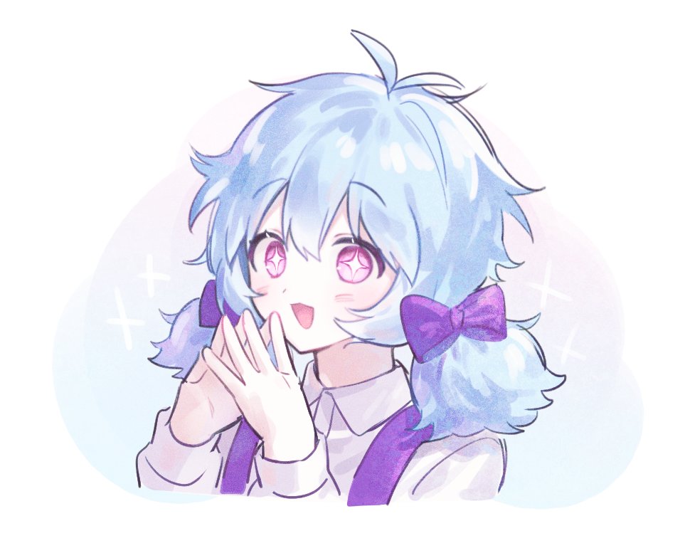 lat1e, zombie high school, korean commentary, 1girl, blue hair, blush, bow, collared shirt, hair bow, long sleeves, looking at viewer, low twintails, mj (zombie high school), open mouth, own hands together, pink eyes, purple bow, shirt, short hair, short twintails, smile, solo, suspenders, twintails, upper body, white background, white shirt