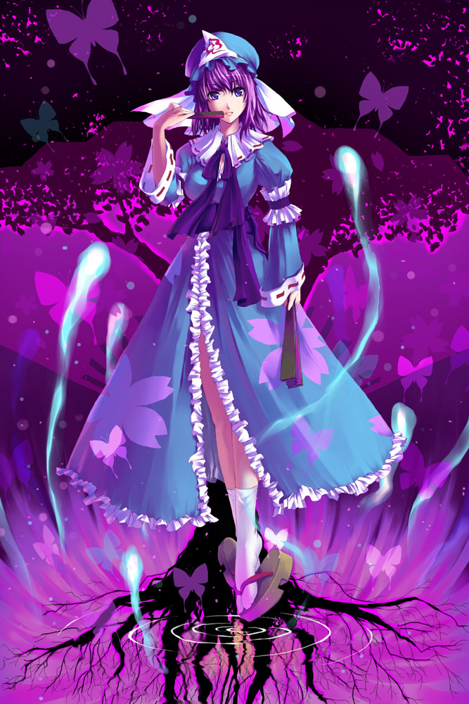 unasaka ryou, saigyou ayakashi, saigyouji yuyuko, touhou, bad id, bad pixiv id, 1girl, blue eyes, bug, butterfly, dress, dual wielding, female focus, floating, folded fan, folding fan, full body, ghost, gradient background, hand fan, hat, hitodama, holding, insect, japanese clothes, legs, okobo, plant, plant roots, platform sandals, purple hair, ripples, sandals, short hair, smile, solo, tabi