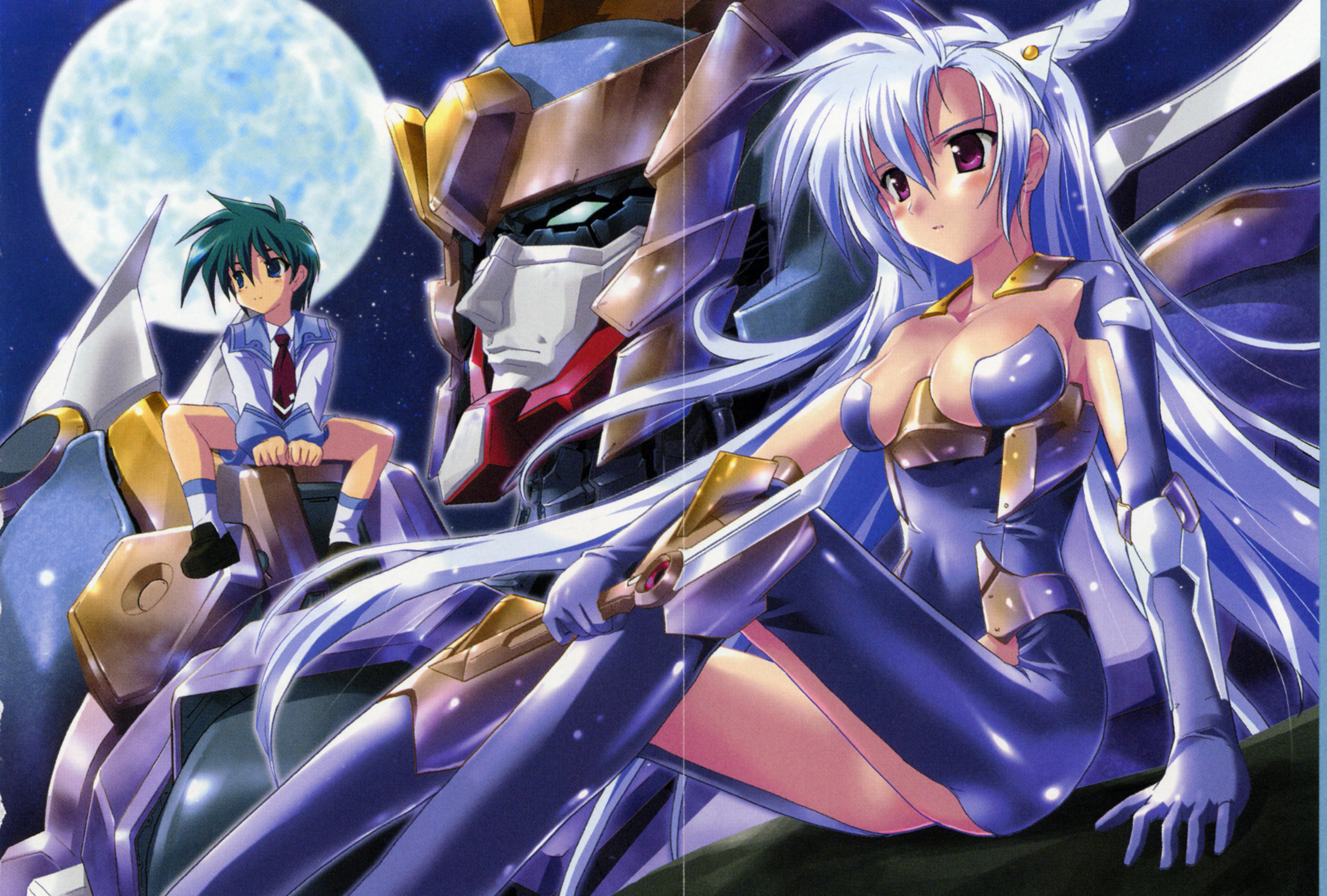 komatsu eiji, cal ruslan, toara lavoakin, shirogane no cal to soukuu no joou, looking away, highres, official art, scan, 1boy, 1girl, age difference, aqua hair, armor, blue eyes, blush, bodysuit, breasts, child, cleavage, crease, full moon, green eyes, hair between eyes, knife, loafers, long hair, mecha, moon, necktie, night, night sky, outdoors, profile, purple eyes, robot, school uniform, serafuku, shiny clothes, shoes, short hair, shorts, sitting, skin tight, sky, socks, spiked hair, spread legs, thighhighs, thighs, very long hair, weapon, white hair