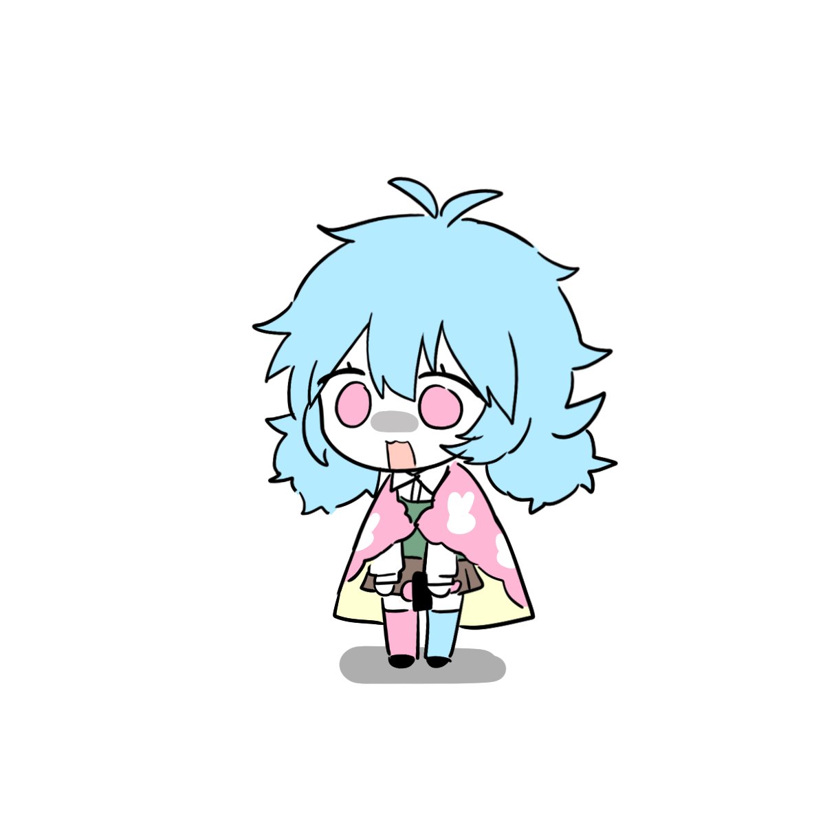 lat1e, zombie high school, highres, 1girl, :3, antenna hair, asymmetrical legwear, blue hair, brown skirt, cape, chibi, full body, hair between eyes, long sleeves, low twintails, messy hair, mismatched legwear, mj (zombie high school), open mouth, pink eyes, shirt, simple background, skirt, solo, standing, thighhighs, twintails, white background