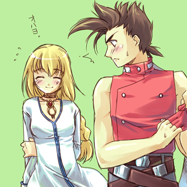 colette brunel, lloyd irving, tales of (series), tales of symphonia, lowres, translated, 00s, 1boy, 1girl, blonde hair, blush, braid, brown hair, long hair, red shirt, shirt