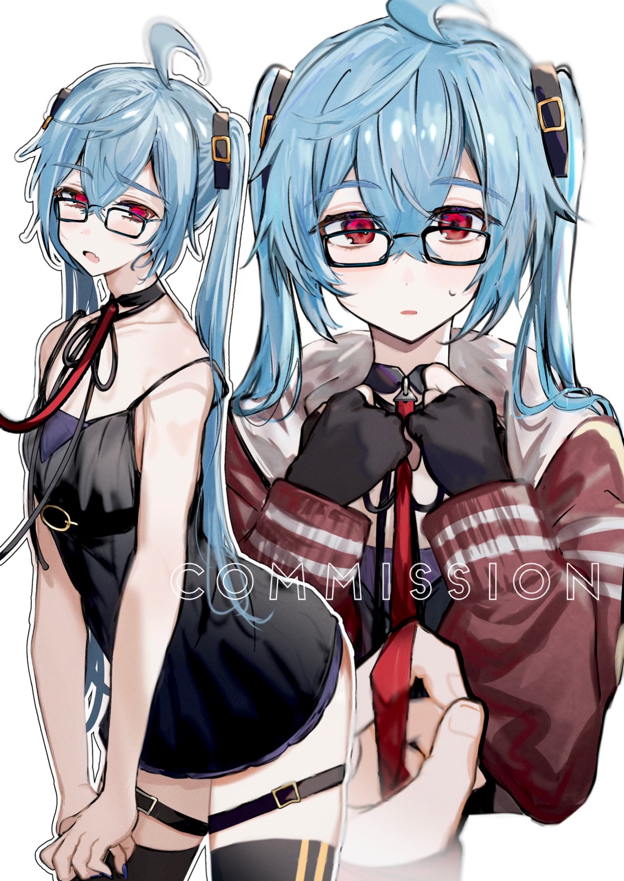 imamiya pinoko, original, highres, 2boys, ahoge, blue hair, collar, crossdressing, crossdressing (mtf), fang, fingerless gloves, glasses, gloves, leash, long hair, multiple boys, pov, red eyes, skin fang, strap slip, sweatdrop, thigh strap, thighhighs, trap, twintails, white background