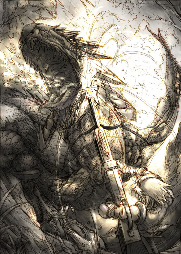 keiji asakawa, 1girl, armor, bow, dragon, monochrome, yellow theme