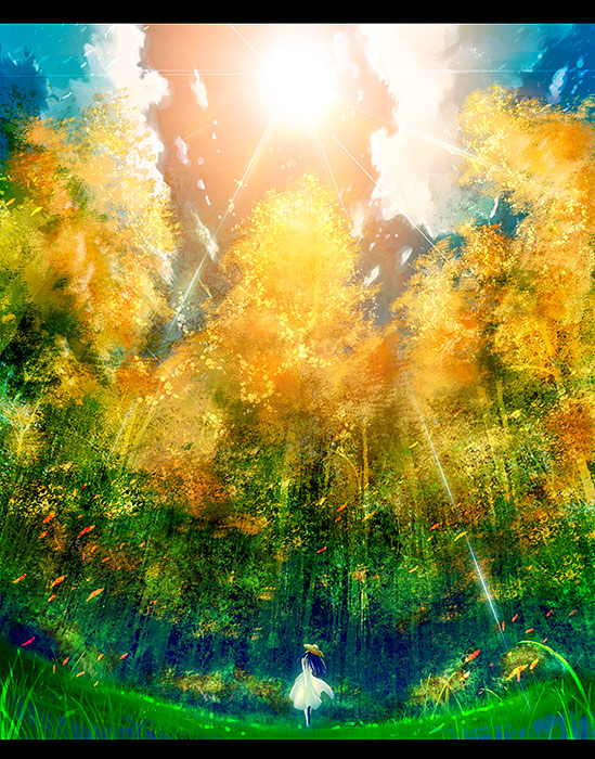 keiji asakawa, light, 1girl, autumn, blue hair, cloud, day, dress, female focus, forest, hat, letterboxed, nature, scenery, sky, solo, sun