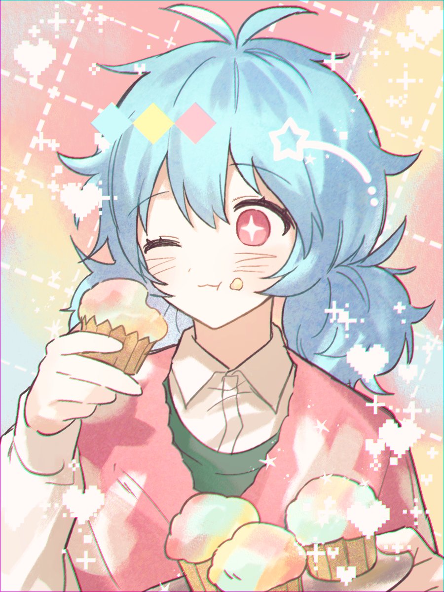 lat1e, zombie high school, highres, korean commentary, 1girl, blue hair, blush, collared shirt, cupcake, eating, food, food on face, holding, holding food, long sleeves, mj (zombie high school), one eye closed, pink eyes, red eyes, shirt, short twintails, solo, star (symbol), twintails, white shirt