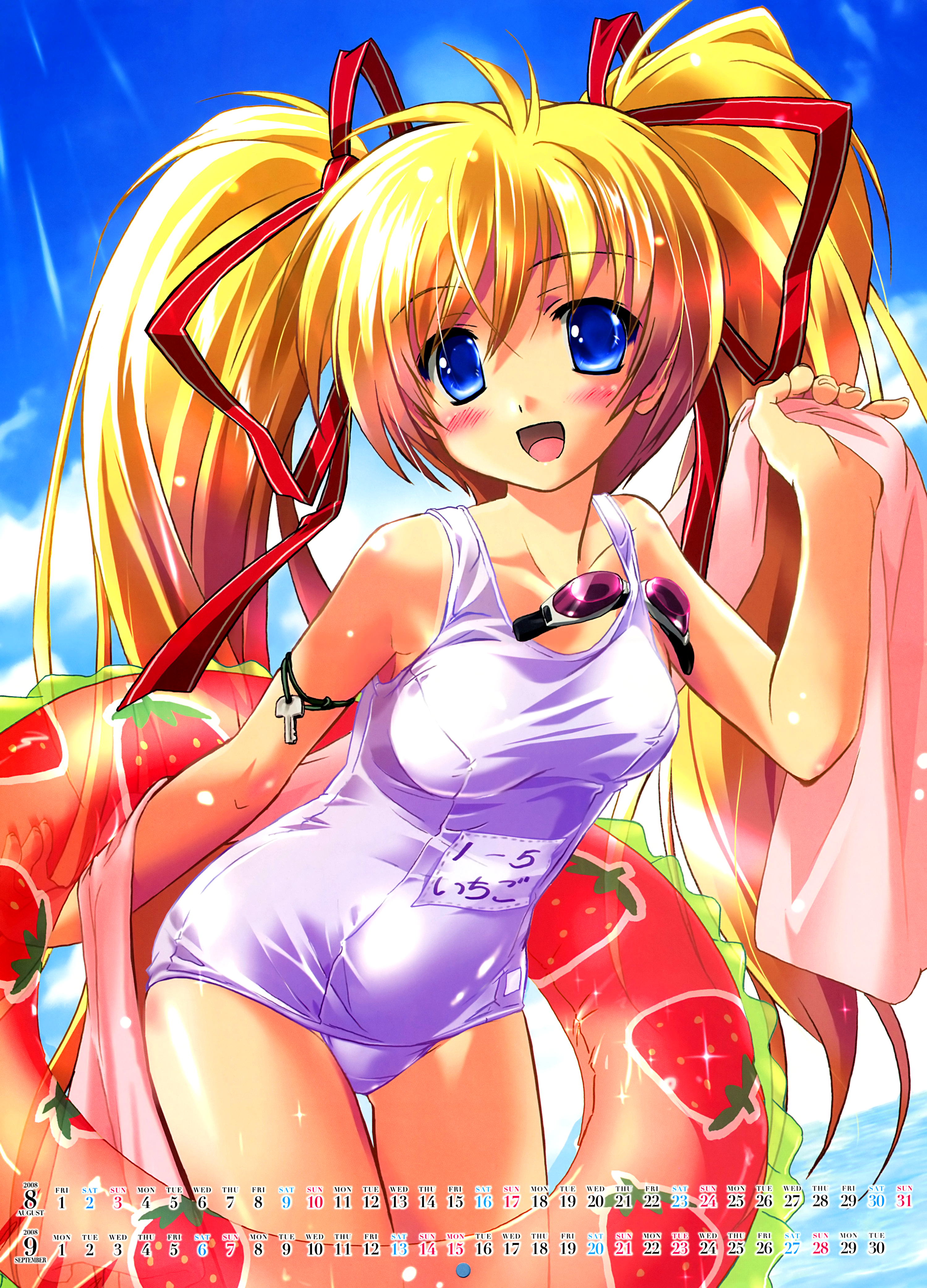 komatsu eiji, hagano ichigo, original, absurdres, highres, huge filesize, 1girl, blonde hair, blue eyes, blush, calendar, female focus, goggles, hair ribbon, innertube, long hair, one-piece swimsuit, ribbon, school swimsuit, smile, solo, swim ring, swimsuit, towel, twintails, water