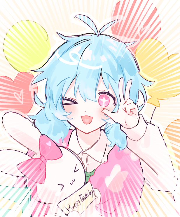 lat1e, zombie high school, > <, > o, 1girl, antenna hair, balloon, blue hair, blush, bow, collared shirt, emphasis lines, heart, holding, long sleeves, looking at viewer, medium hair, mj (zombie high school), one eye closed, open mouth, pink eyes, pink vest, shirt, short twintails, smile, solo, twintails, v, vest, white shirt
