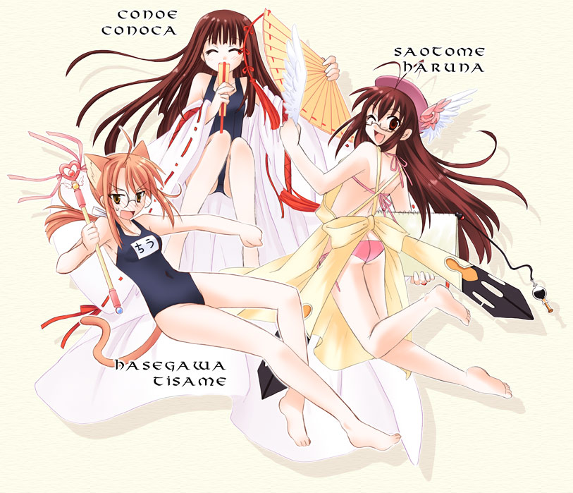 yuuma (omaeno meinichi), hasegawa chisame, konoe konoka, saotome haruna, mahou sensei negima!, 00s, 3girls, ;d, ^ ^, ahoge, animal ears, antenna hair, apron, ass, barefoot, beret, bikini, black one-piece swimsuit, blush, brown eyes, brown hair, cat ears, cat tail, character name, closed eyes, extra ears, feathers, folding fan, glasses, hand fan, hat, inkwell, japanese clothes, kimono, long hair, multiple girls, name tag, one-piece swimsuit, one eye closed, open mouth, pactio, pen, quill, school swimsuit, short hair, sketchbook, smile, swimsuit, tail, wand