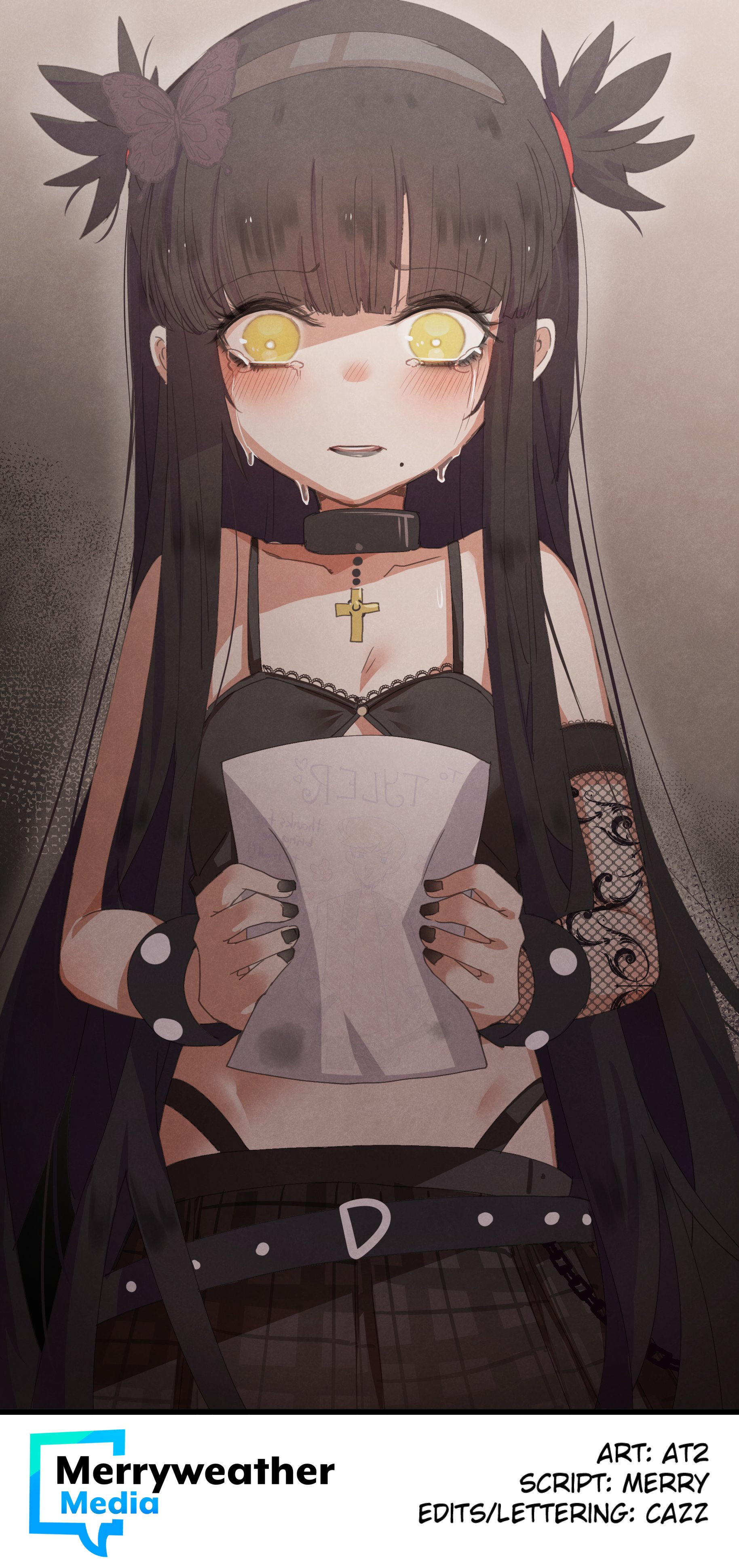 at2., merryweather, ophelia (merryweather), absurdres, commentary, english commentary, highres, 1girl, :d, artist name, bad end, bare shoulders, belt, black belt, black choker, black hair, black nails, black skirt, blunt bangs, blush, breasts, butterfly hair ornament, choker, cowboy shot, crop top, cross, crying, crying with eyes open, detached sleeves, drawing (object), fishnet sleeves, fishnets, goth girl and the jock, gradient background, grey background, hair ornament, holding, holding drawing, long hair, looking at viewer, mole, mole under mouth, nail polish, open mouth, paper, parted lips, skirt, small breasts, smile, solo, tears, two side up, yellow eyes