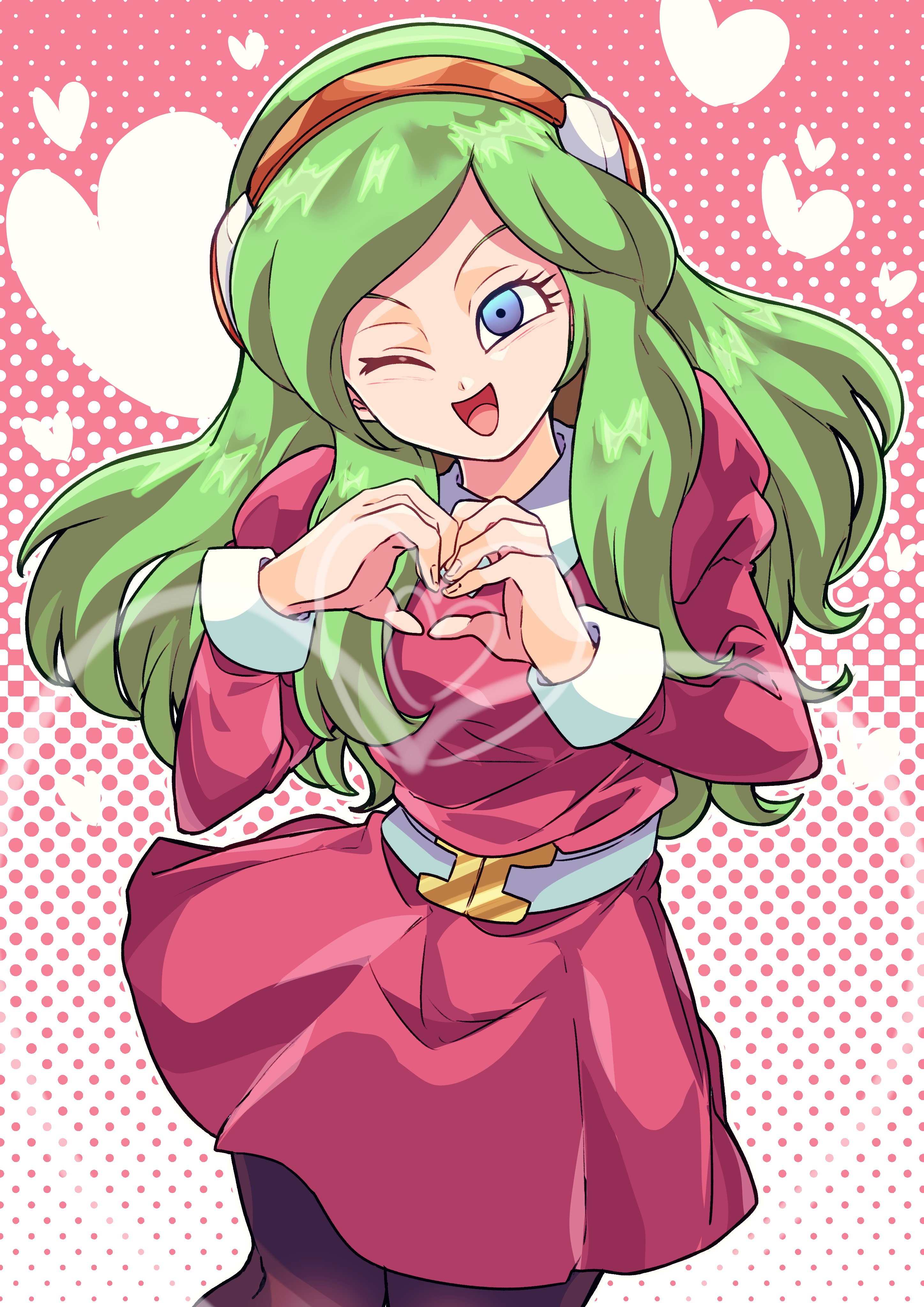 otyumamii, brianne de chateau, dragon ball, dragon ball super, absurdres, commentary request, highres, 1girl, ;d, belt, belt buckle, black pantyhose, blue eyes, brown hairband, buckle, cowboy shot, dress, green hair, hairband, heart, heart hands, juliet sleeves, long hair, long sleeves, looking at viewer, one eye closed, open mouth, pantyhose, pink background, pink dress, puffy sleeves, smile, solo, white background, white belt