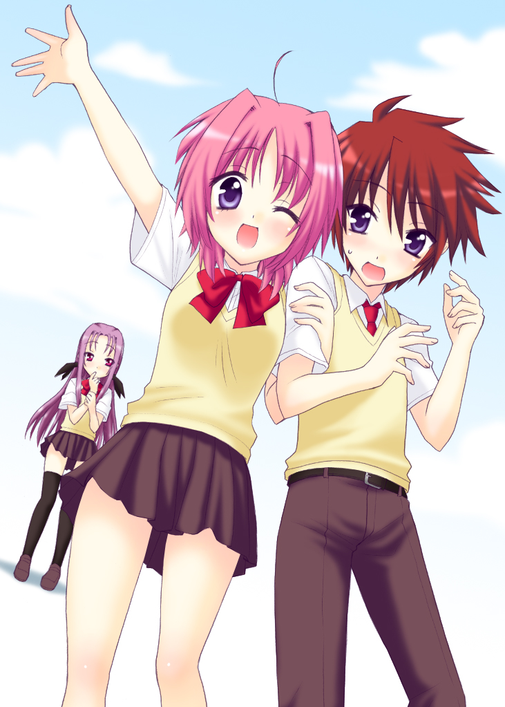 saki chisuzu, caro ru lushe, erio mondial, lutecia, lutecia alpine, lyrical nanoha, mahou shoujo lyrical nanoha, mahou shoujo lyrical nanoha strikers, 00s, 1boy, 2girls, multiple girls, one eye closed, school uniform, serafuku, thighhighs, wink
