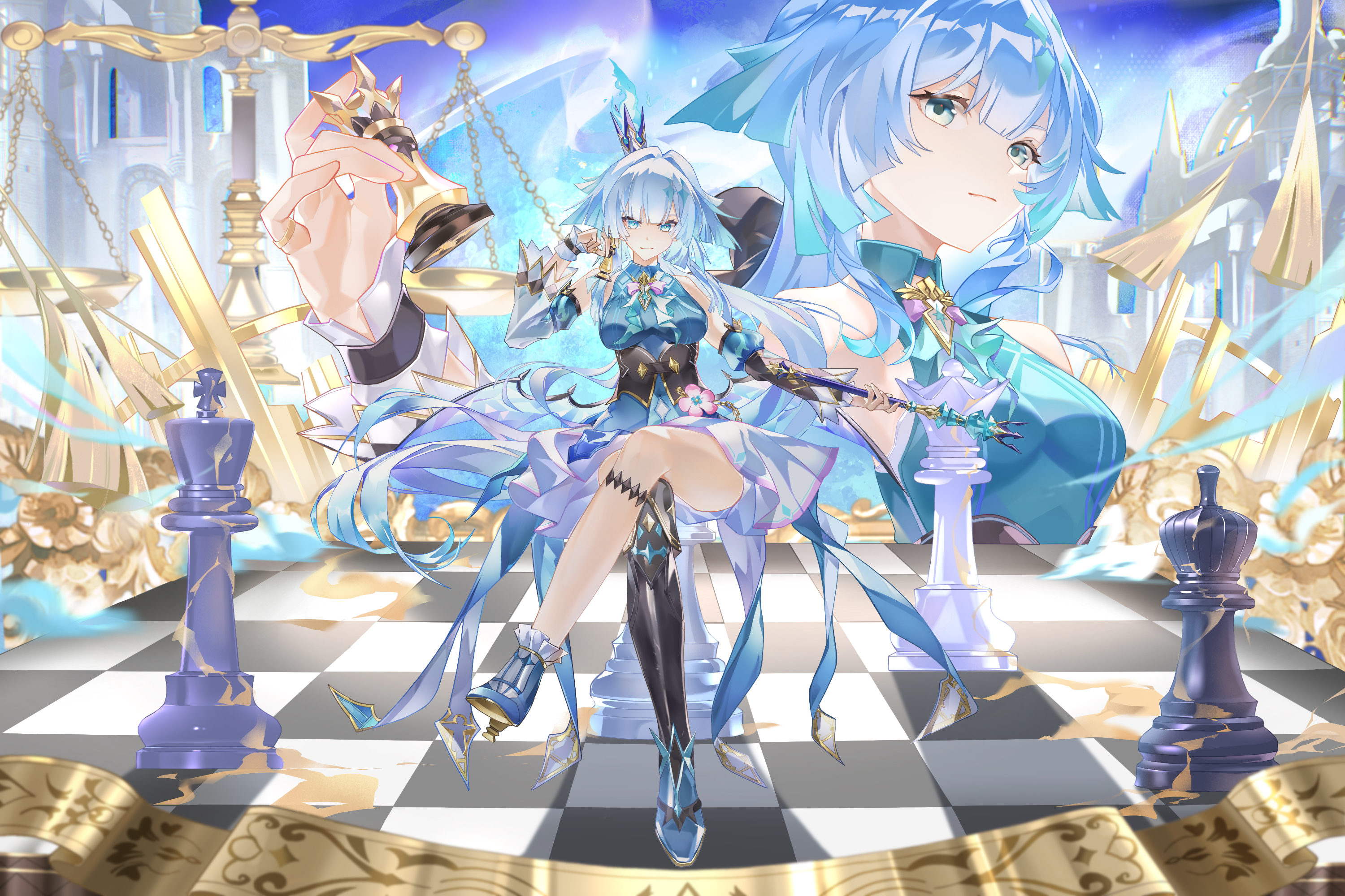 cerydra (honkai: star rail), honkai: star rail, honkai (series), highres, 1girl, asymmetrical footwear, asymmetrical legwear, black hair, blue dress, blue hair, chess piece, closed mouth, crossed legs, crown, detached sleeves, dress, floating hair, full body, holding, holding chess piece, long hair, long sleeves, mini crown, mismatched footwear, mismatched legwear, multicolored hair, multiple views, sitting, socks, uneven legwear, very long hair, white socks, ztydamowang