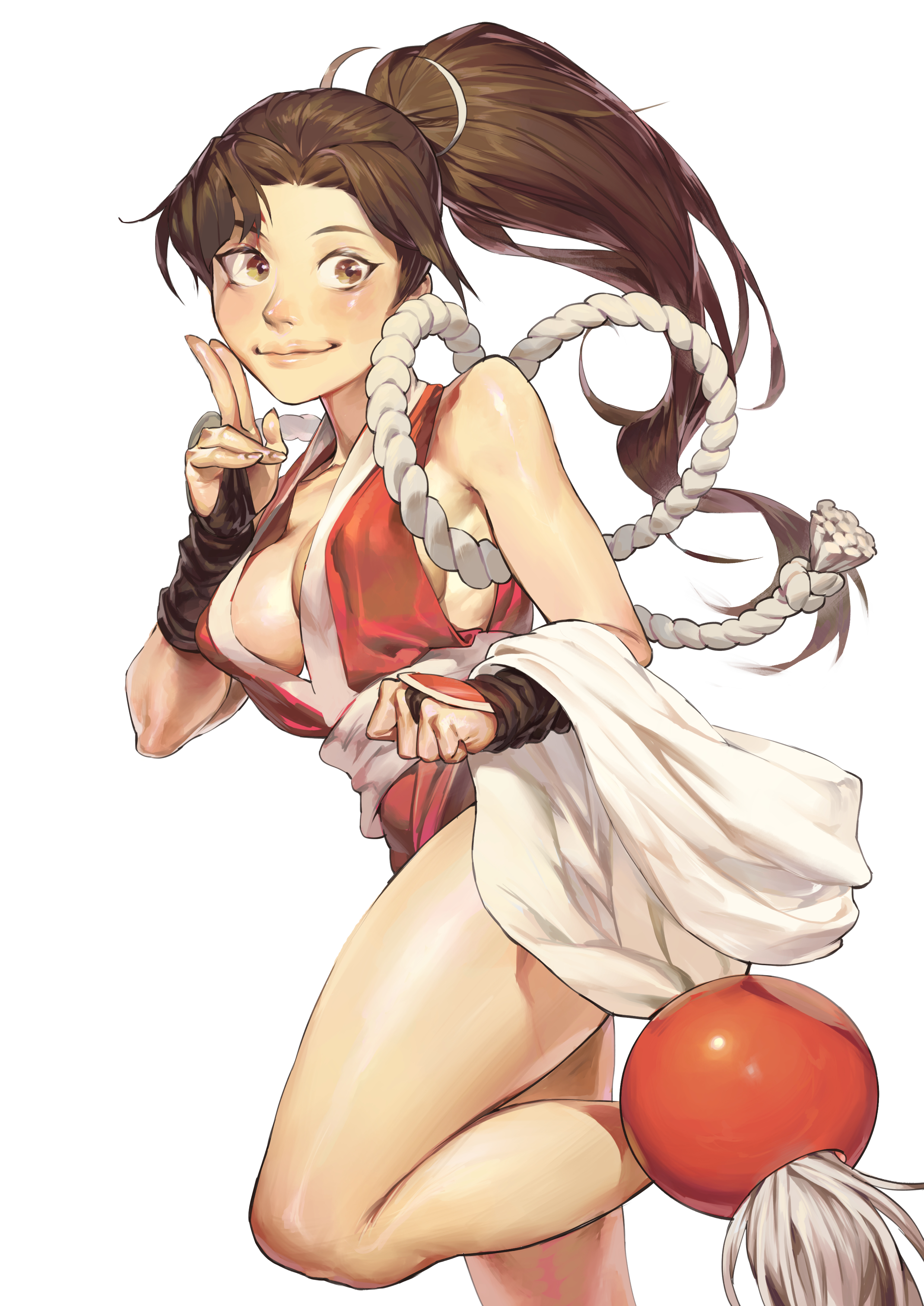roly poly (aulischeung), shiranui mai, fatal fury, absurdres, commentary request, highres, 1girl, bare legs, breasts, brown eyes, brown hair, closed mouth, large breasts, long hair, simple background, solo, very long hair, white background