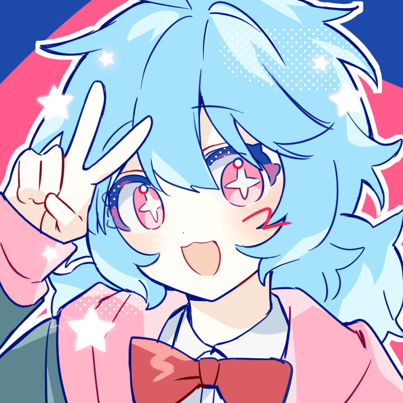 lat1e, zombie high school, 1girl, :3, blue hair, blush, bow, bowtie, collared shirt, hood, jacket, long hair, long sleeves, looking at viewer, mj (zombie high school), open mouth, pink eyes, portrait, red bow, red bowtie, shirt, smile, solo, star (symbol), v, white shirt