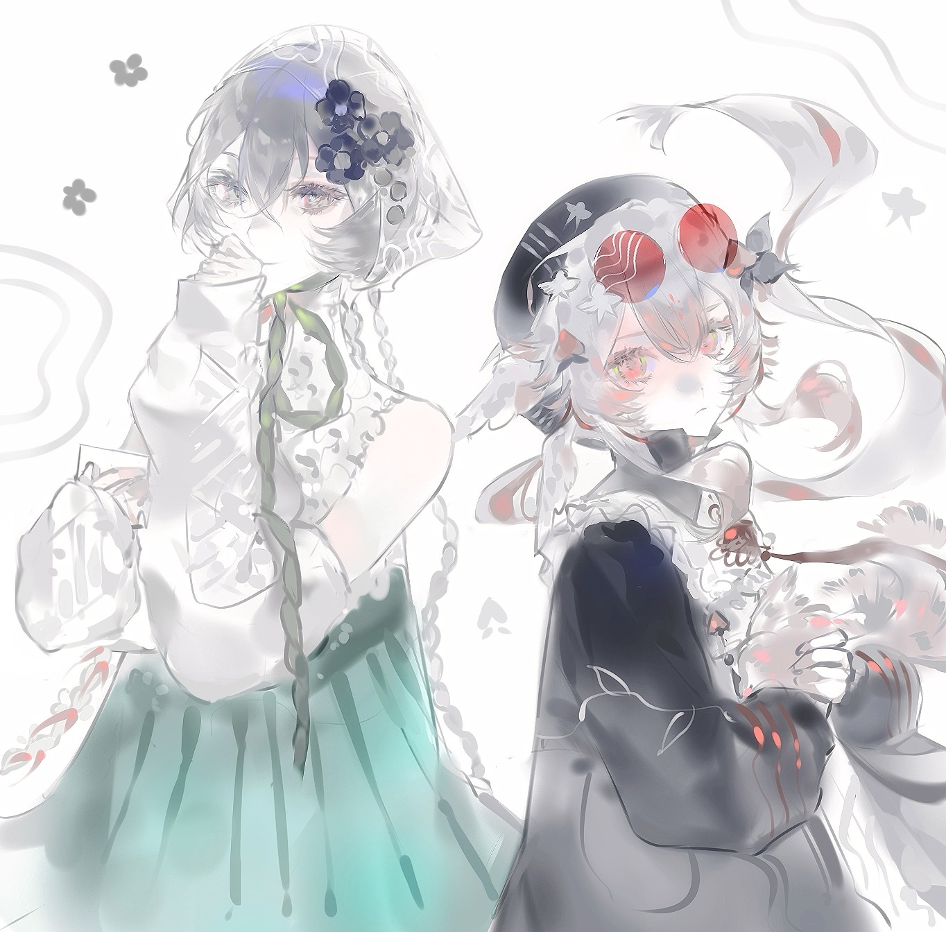 highres, 2girls, black dress, black flower, black hat, braid, detached sleeves, dress, eyewear on head, flower, frills, grey eyes, grey hair, grey skirt, hair between eyes, hair flower, hair ornament, hat, head wings, heilanshuimuchu, hood, long hair, long sleeves, looking at viewer, low twin braids, multicolored hair, multiple girls, pleated skirt, puffy long sleeves, puffy sleeves, red eyes, red hair, ribbon, simple background, skirt, sunglasses, twin braids, twintails, white background, white flower, white hair, wings