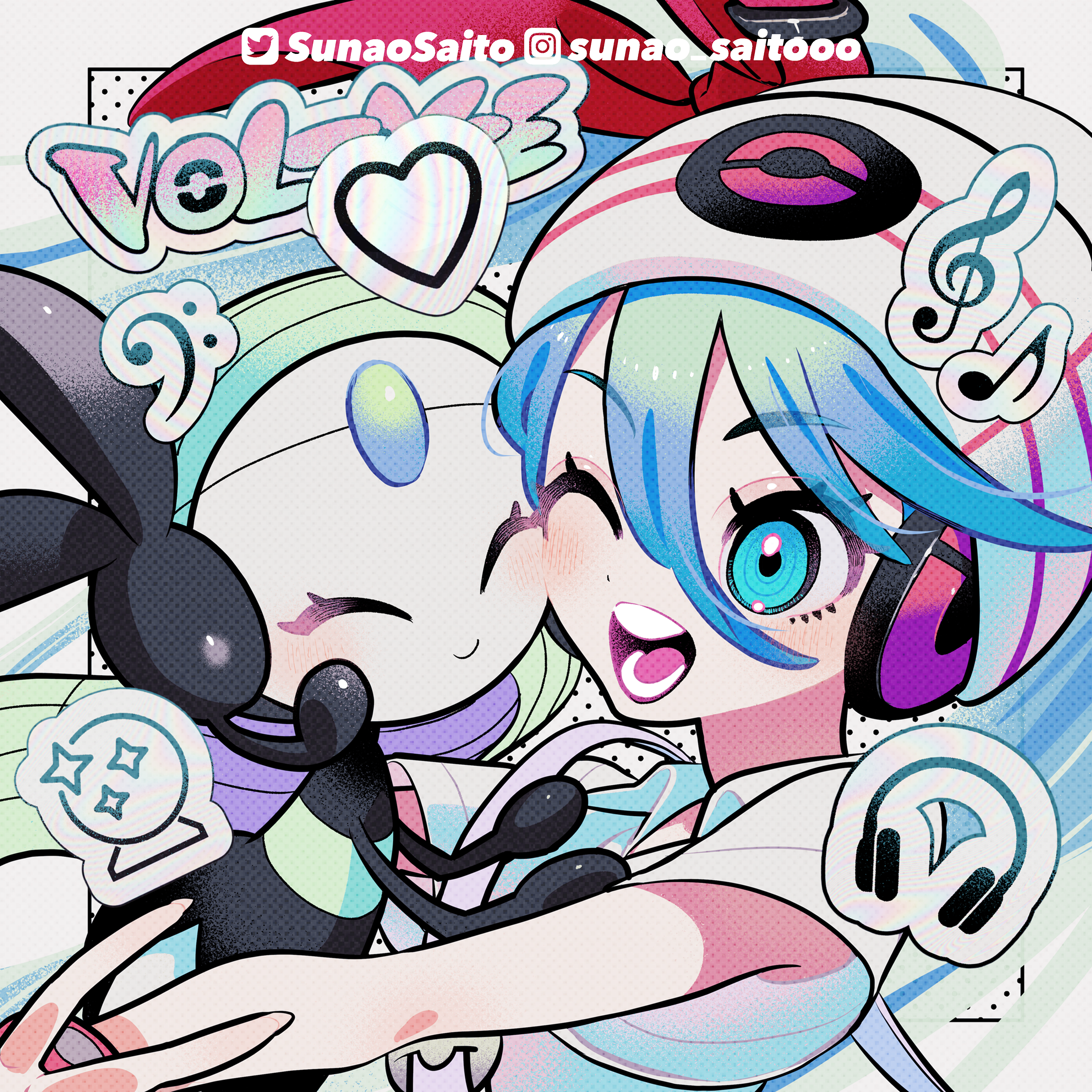 sunao saito, hatsune miku, meloetta, psychic miku (project voltage), nintendo, pokemon, project voltage, vocaloid, absurdres, highres, 2girls, aqua eyes, aqua hair, artist name, beanie, blush, closed eyes, closed mouth, collared shirt, cuddling, gen 5 pokemon, green hair, hair between eyes, hair ribbon, hat, hat ornament, headphones, legendary pokemon, multicolored hair, multiple girls, musical note, musical note hat ornament, mythical pokemon, official alternate costume, official alternate hairstyle, one eye closed, open mouth, poke ball print, poke ball symbol, pokemon (creature), polo shirt, ribbon, shirt, short sleeves, smile, twitter username, white hat, white shirt