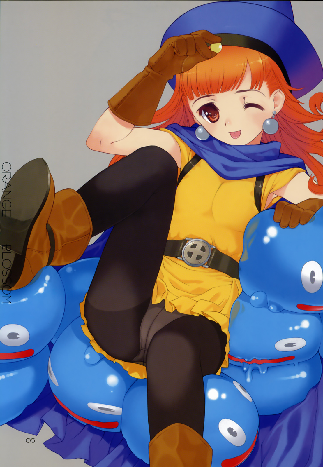 mibu natsuki, alena (dq4), slime (dragon quest), chunsoft, dragon quest, dragon quest iv, enix, hand on head, highres, scan, 1girl, :d, ;d, arm support, arm up, armpits, belt, belt buckle, black pantyhose, blue skin, blunt bangs, blush, boots, breasts, buckle, cape, colored skin, crotch seam, curly hair, dress, earrings, female focus, gloves, grey background, grey eyes, hat, holding, jewelry, leg up, long hair, looking at viewer, miniskirt, monster, on head, one eye closed, open mouth, orange hair, panties, panties under pantyhose, pantyhose, pantyshot, parted bangs, person on head, red eyes, red hair, scarf, short dress, short sleeves, simple background, sitting, sitting on head, sitting on person, size difference, skirt, small breasts, smile, solo, spread legs, stepped on, tongue, tongue out, transparent, underwear, upskirt, white panties, wink, yellow skirt