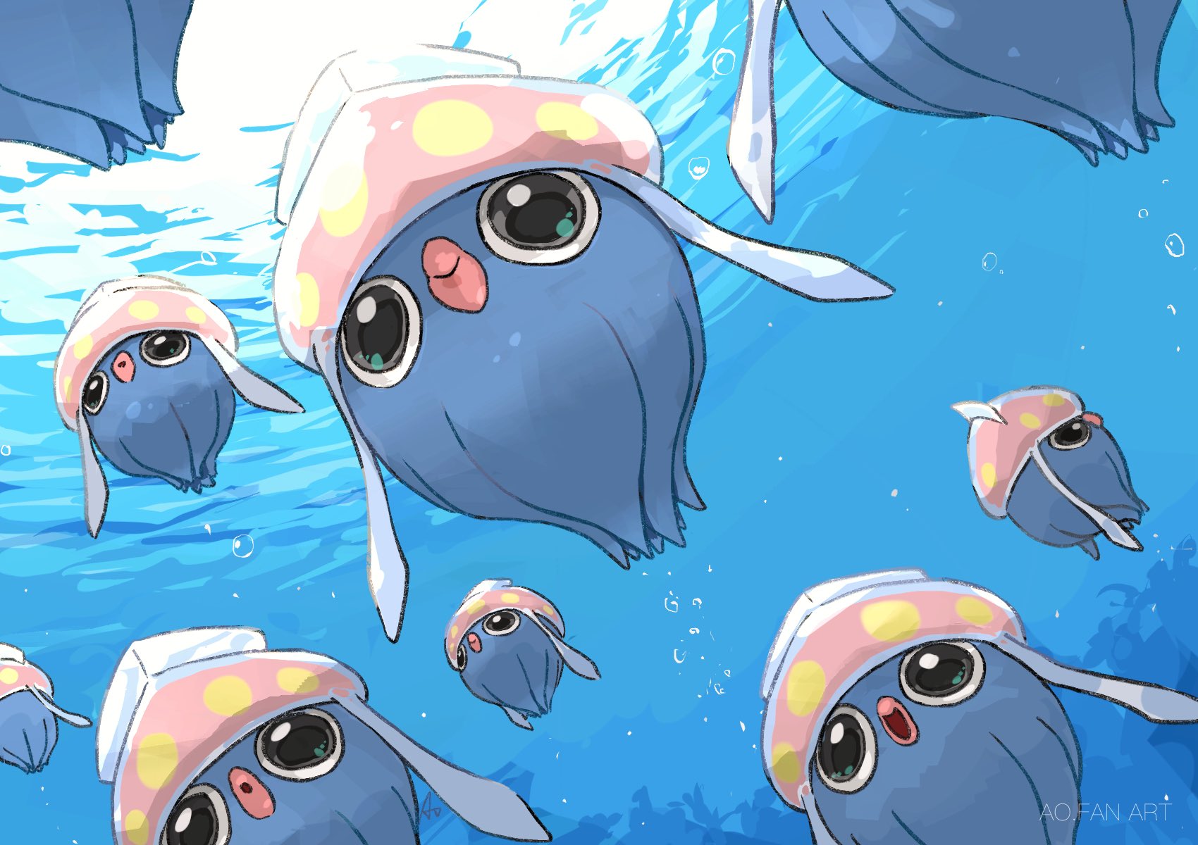 aomon (yuuji7604), inkay, nintendo, pokemon, highres, air bubble, animal focus, bubble, closed mouth, gen 6 pokemon, green eyes, no humans, ocean, open mouth, pokemon (creature), pokemon focus, smile, squid, underwater, water