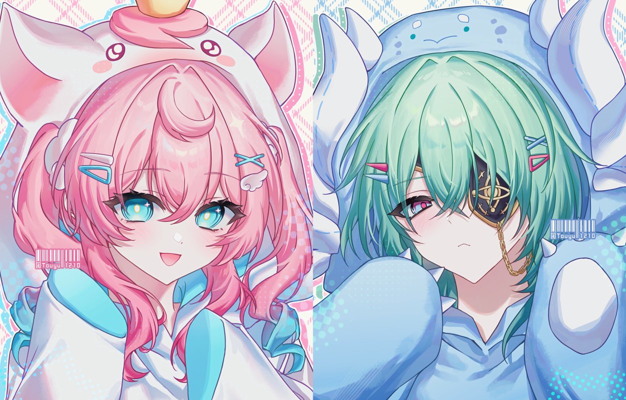 touyu 1210, anaxa (honkai: star rail), hyacine (honkai: star rail), little ica (honkai: star rail), honkai: star rail, honkai (series), 1boy, 1girl, animal ears, aqua eyes, aqua hair, blue hood, closed mouth, eyepatch, gradient hair, hair between eyes, hair ornament, hairclip, hood, hood up, long sleeves, multicolored eyes, multicolored hair, open mouth, pink hair, smile, twintails, white hood, x hair ornament