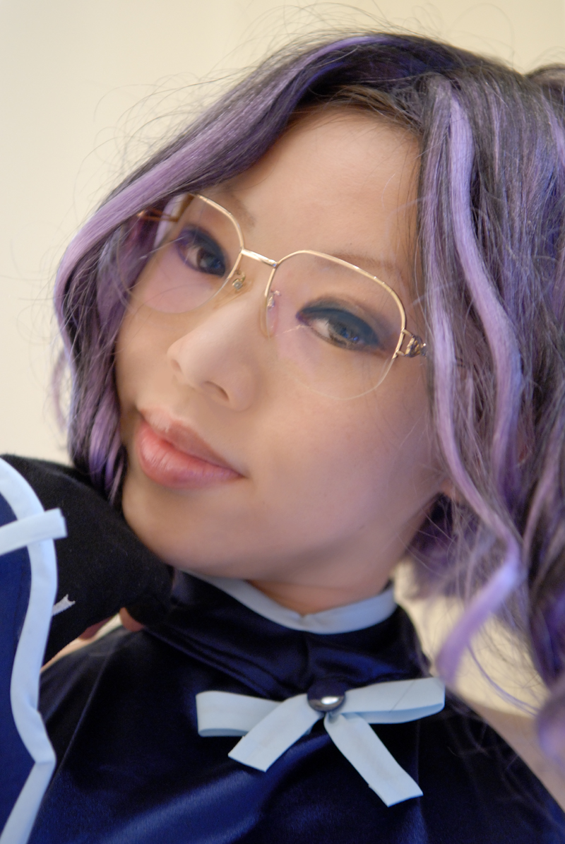 nonone karin, hayama shizuka, hikari to mizu no daphne, photo (medium), 1girl, asian, bare shoulders, cosplay, female focus, glasses, gloves, halterneck, hayama shizuka (cosplay), head tilt, indoors, japanese (nationality), looking at viewer, purple hair, solo, thighhighs